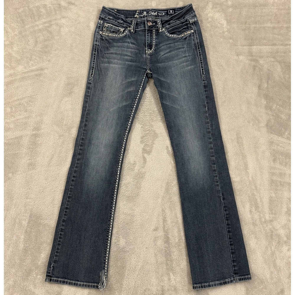 LA Idol USA Jeans Womens 9 32.5" Inseam Bootcut Embellished Thick Stitch Jeweled